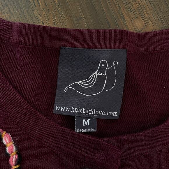 Anthropologie Knitted Dove Embroidered Cardigan Burgundy  Sweater Size M - Picture 13 of 15
